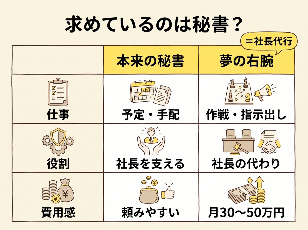 本来の秘書と、社長代行のような右腕の違いの比較表