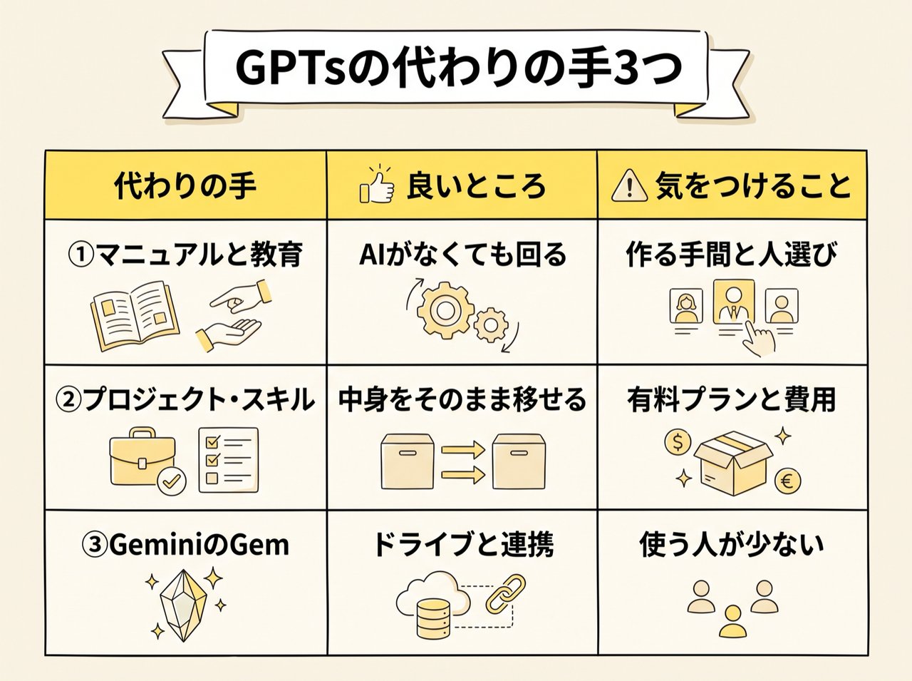 GPTsの代わりになる3つの手の比較表