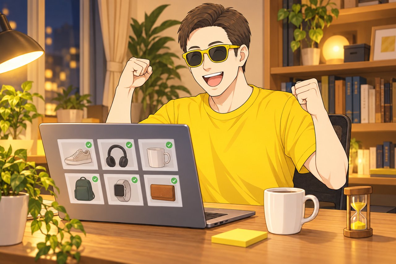 BUYMAの自動出品ツールが完成してガッツポーズするたなか主夫