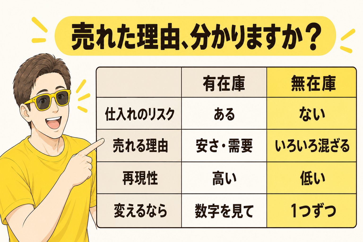 有在庫と無在庫の、売れた理由の分かりやすさの比較表