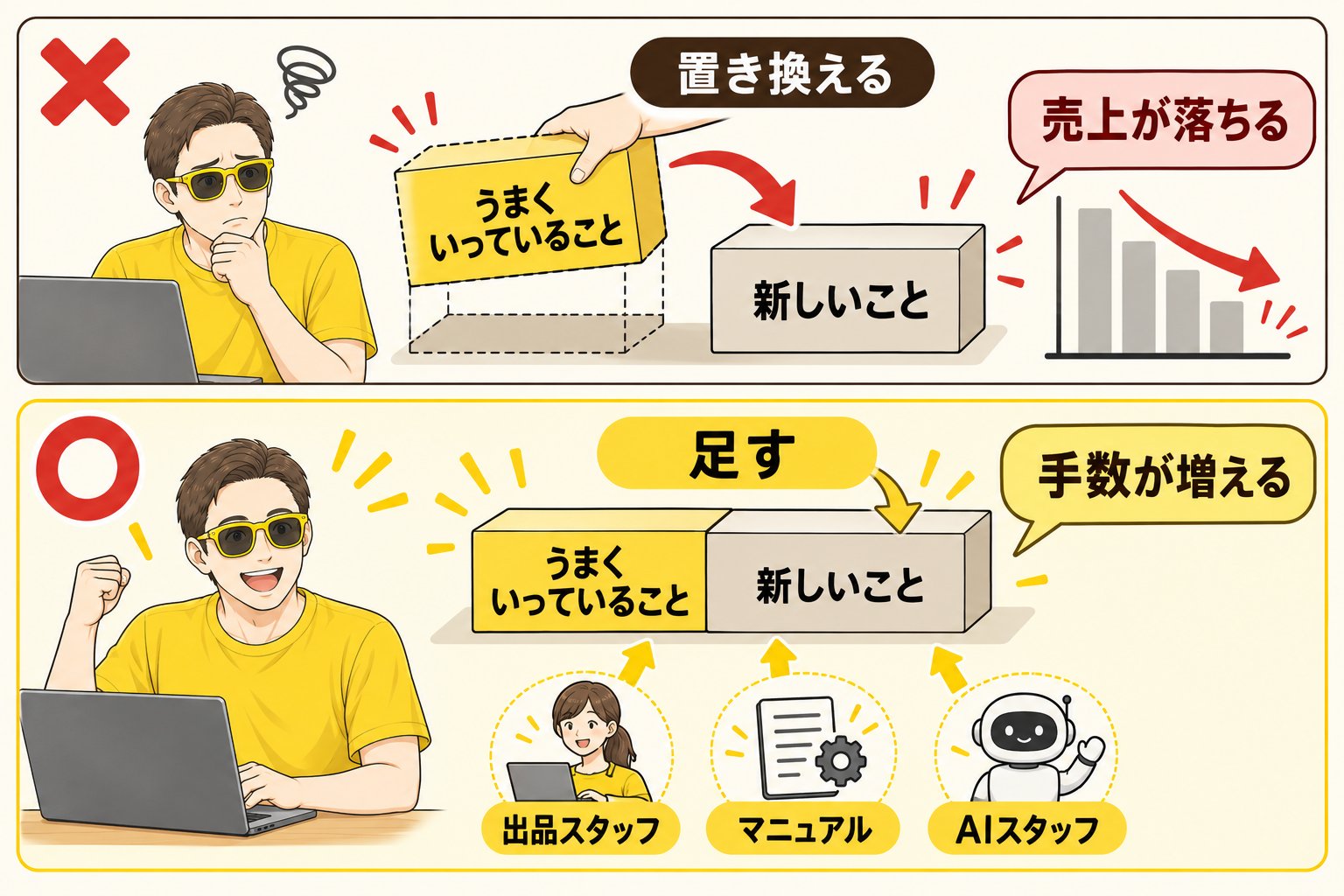 うまくいっている手法を置き換えずに、新しいことを足す図