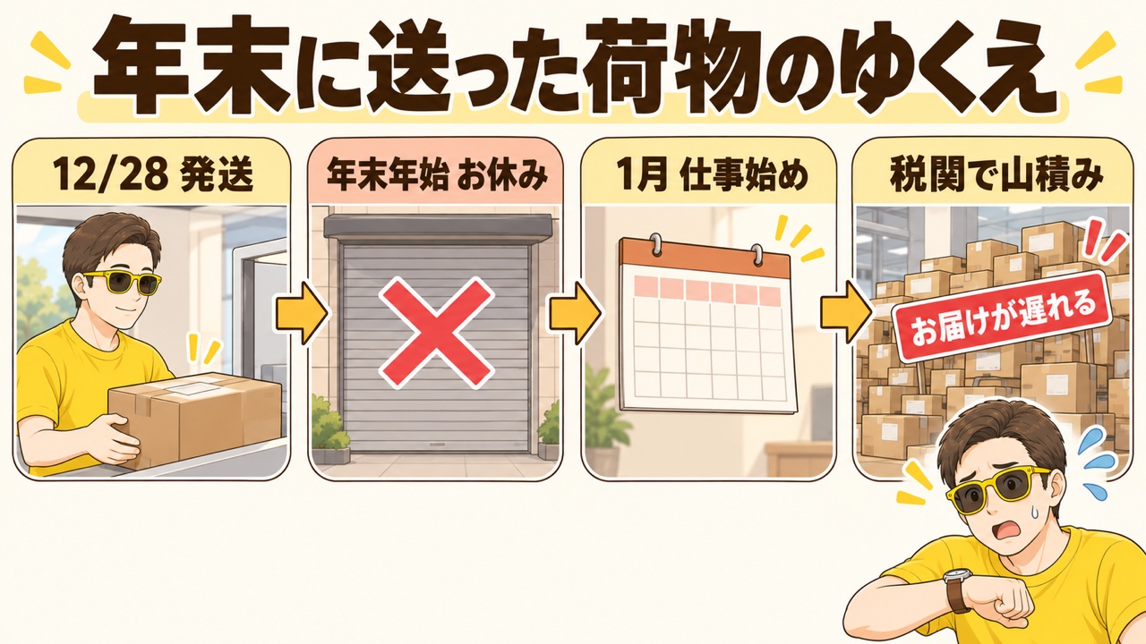 年末に送った荷物が年明けの税関にたまる様子